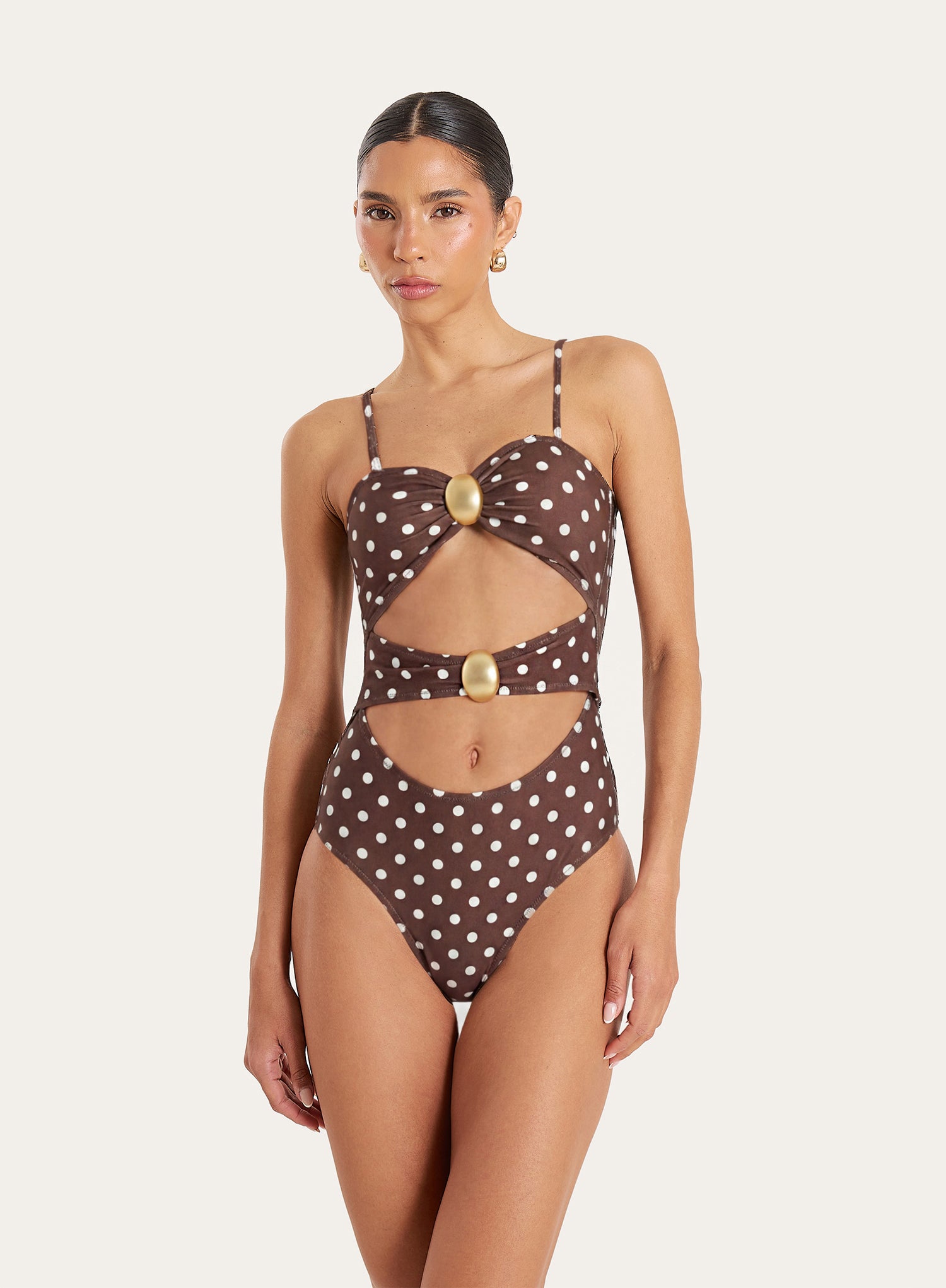Brown And White Polka Dot Cut Out Hardware Detail Swimsuit